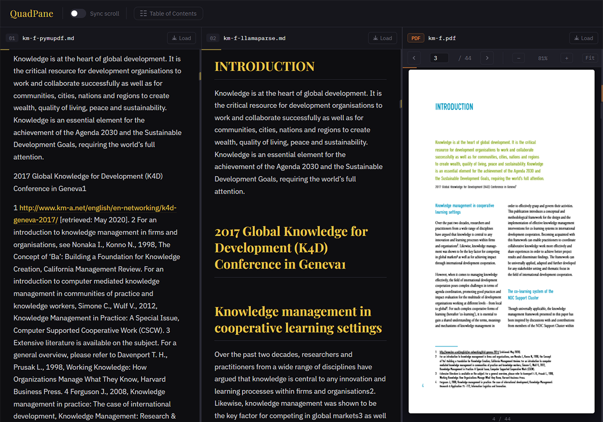 Screenshot of the parsing result comparison between PyMuPDF and LlamaParse. PyMuPDF does not preserve headings, while Llama Parse identify headings, even if with some errors.