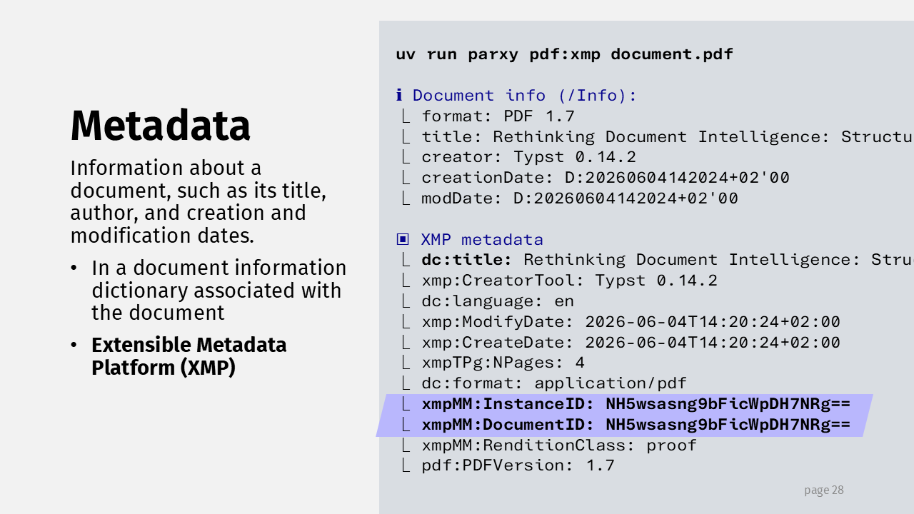 Terminal output of a PDF's document info and XMP metadata fields, with the instance and document IDs highlighted